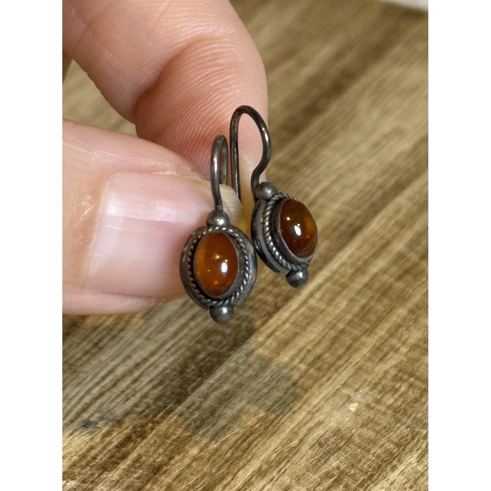 Vintage Sterling Silver Amber Dangle‎ Hook .5" Earrings Oval Bezel Set